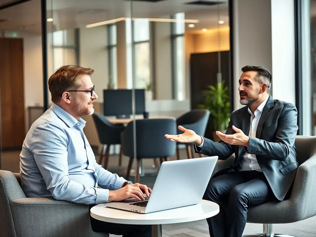 An HR consultant advising a business owner on compliance and employee engagement strategies, showcasing HR consulting services.